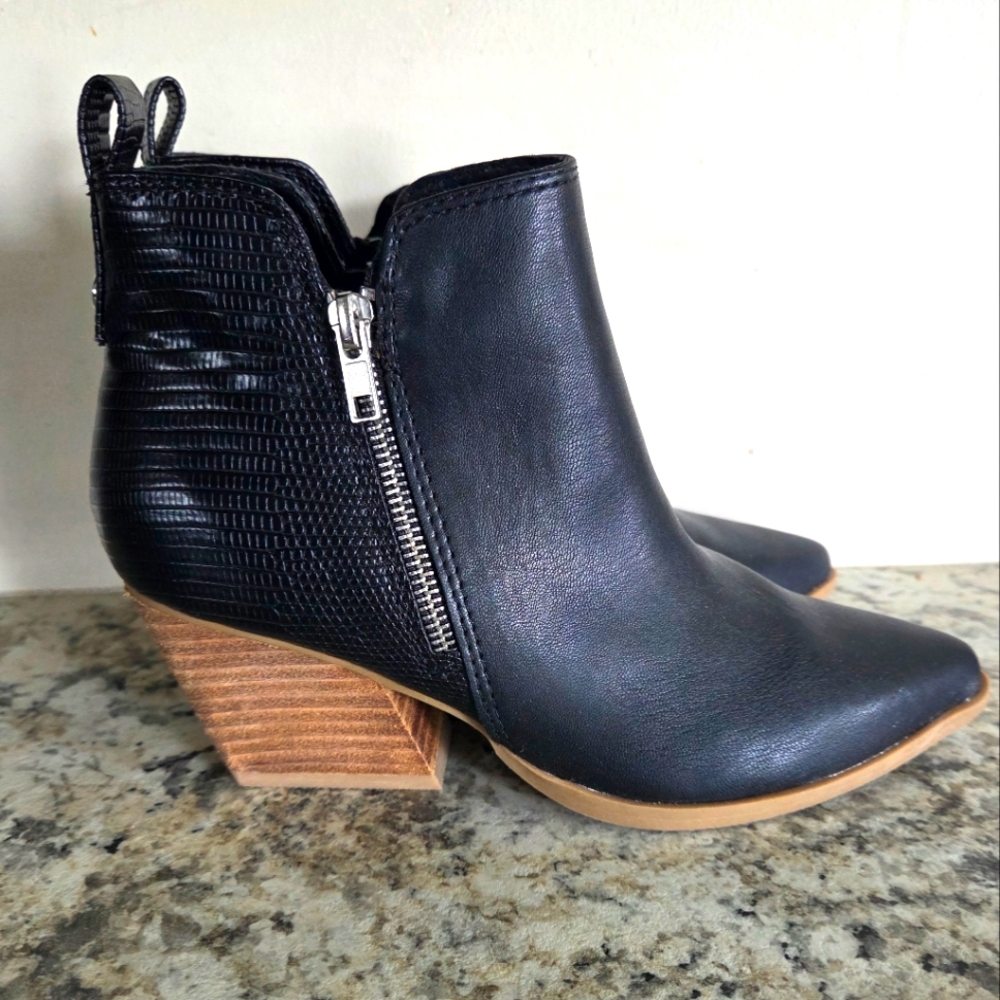 DV by Dolce Vita Black Ankle Boots with Snake Print and Stacked Heel